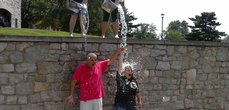 Photo by Darick Earney Student worker and web design major, Paula Hinkson and Ron Dublo, Academic Computing Immediate Supervisor take the ALS Ice Bucket challenge.