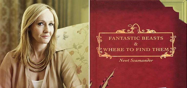 Photo courtesy of www.feelguide.com: Side-by-side photo of Author Fantastic Beasts and Where to Find Them author, J.K. Rowling, and her aforementioned book. (http://www.feelguide.com/2013/09/12/warner-brothers-j-k-rowling-announce-epic-new-series-of-harry-potter-inspired-films-set-in-1930/)