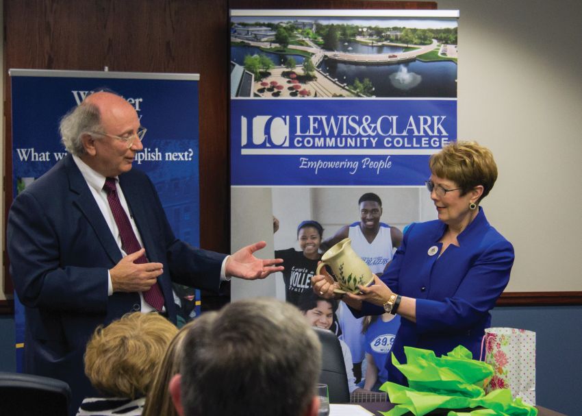 Photo by Julia Johnson Webster University President Elizabeth Stroble signs new nursing agreement with L&C President Dale Chapman.