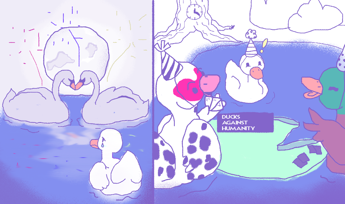 Crying Duck watching swans kiss. Ducks playing cards against humanity