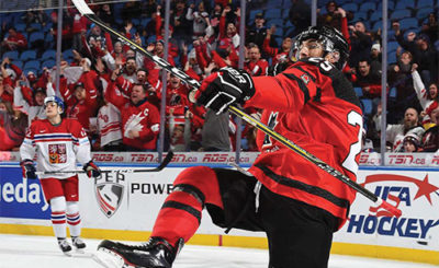 Jordan Kyrou celebrates goal against Czech Republic at 2018 World Junior Championship.