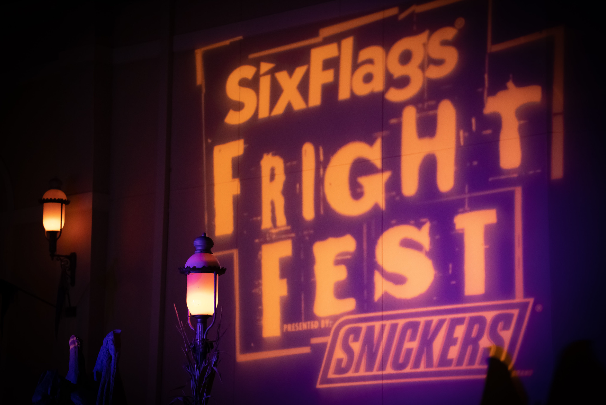 Big Light up sign that says Six Flags Fright Fest.