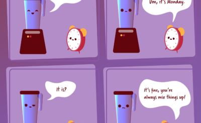 Comic of blender talking with alarm clock about mixing times up