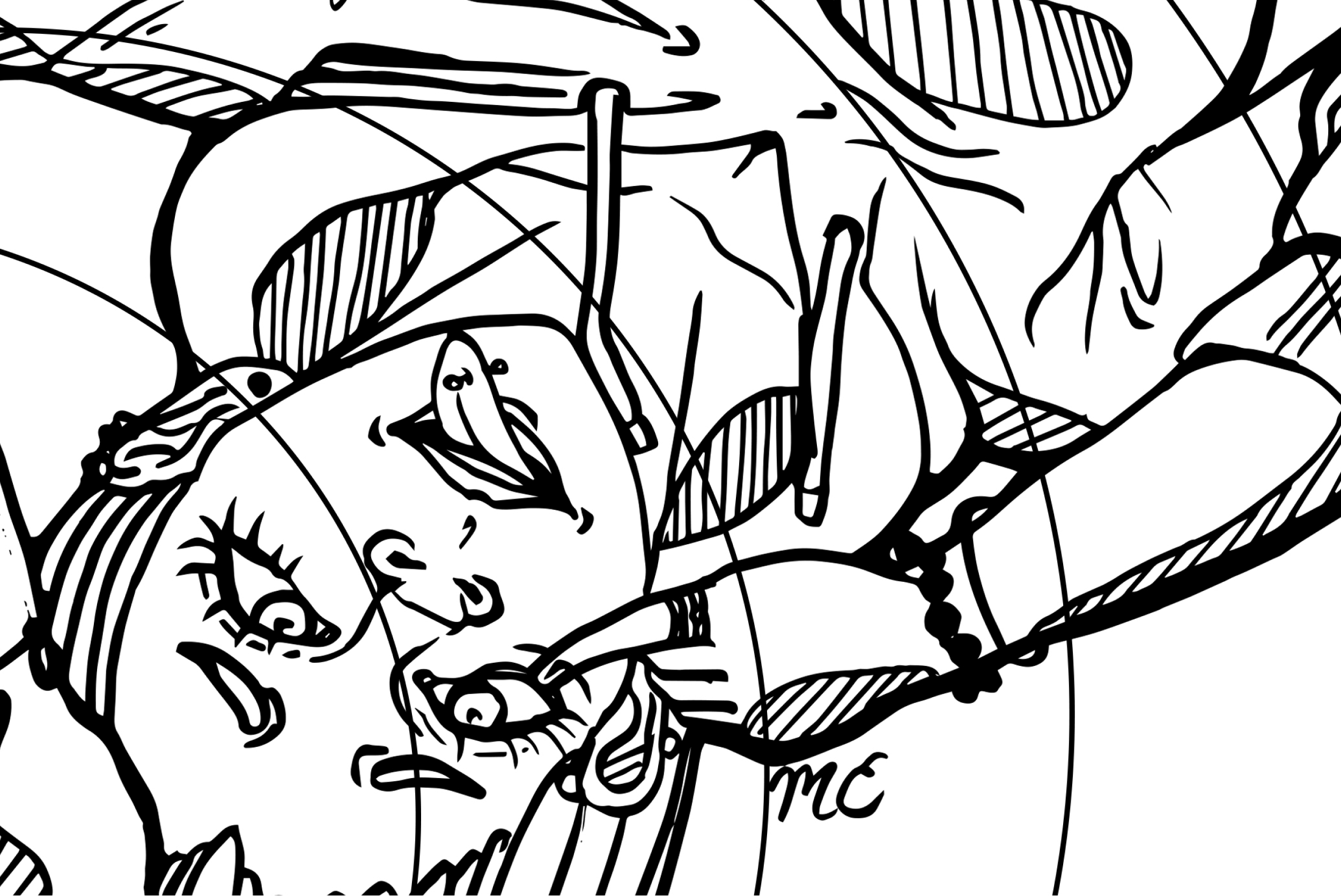 Coloring page of a person upside down wearing a hoodie