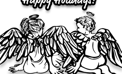 Coloring page with two angels siting side by side and the word happy holidays above them