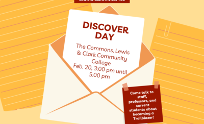 An illustrated envelope is open to reveal an invitation to Discover Day. The text for the invite reads "The Commons, Lewis and Clark Community College, February twentieth, three PM until five pm. Above the invite is a banner that reads "Lewis and clark invites you". Below is a post it note that reads "come talk to staff, professors, and current students about becoming a trailblazer" Graphic by Avalon Eales