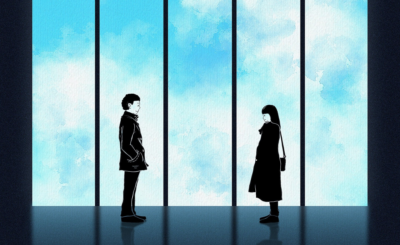 Sky background with a male and female figure facing each other